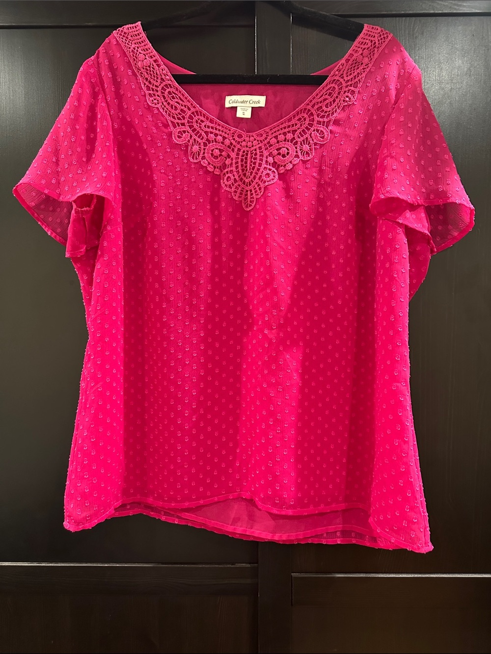 Coldwater Creek Bright Hot Pink Crochet-Trim Flutter Sleeve Top